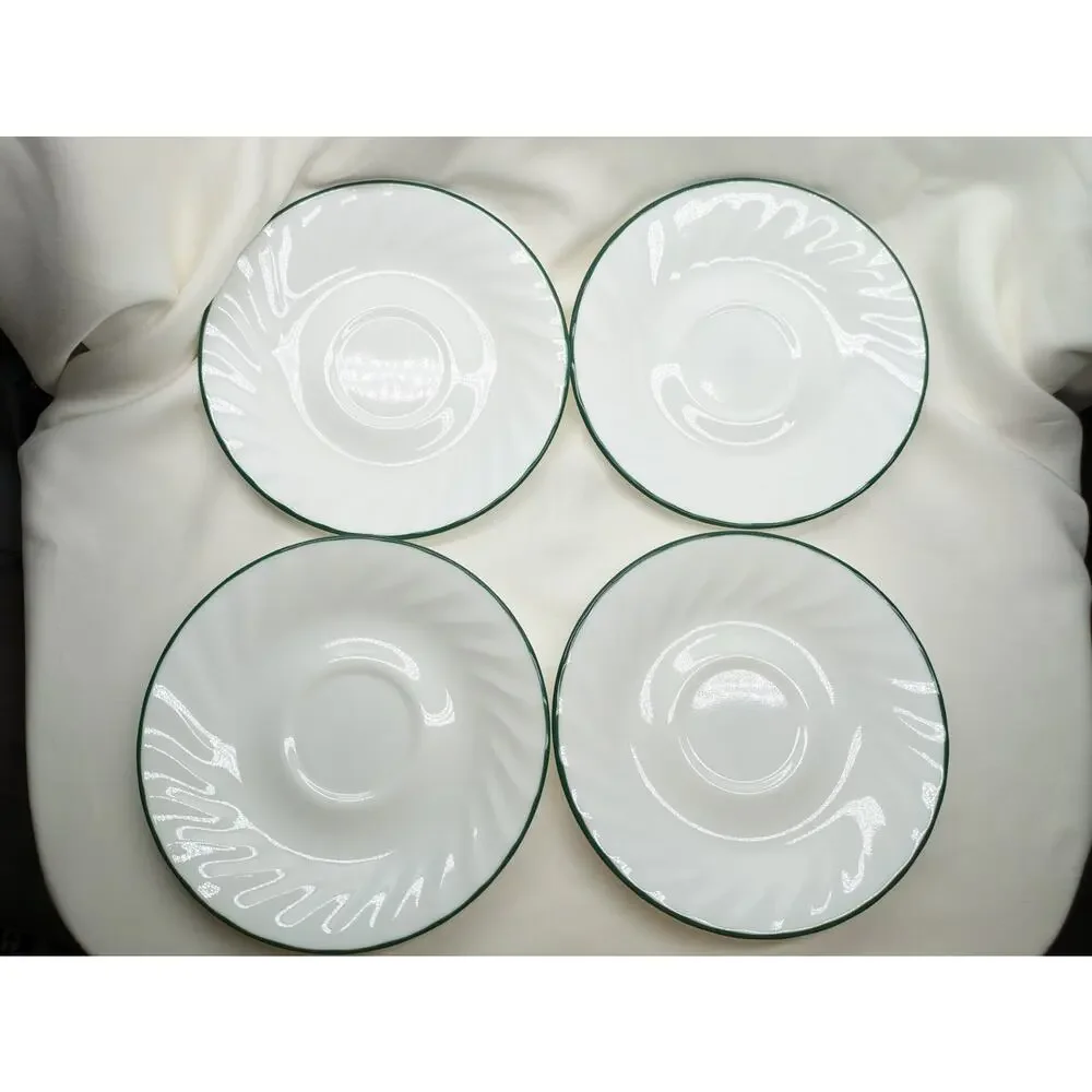 Set of 4 Corelle Callaway Ivy  Saucers Mug Plates Swirl Green Rim 6 1/4